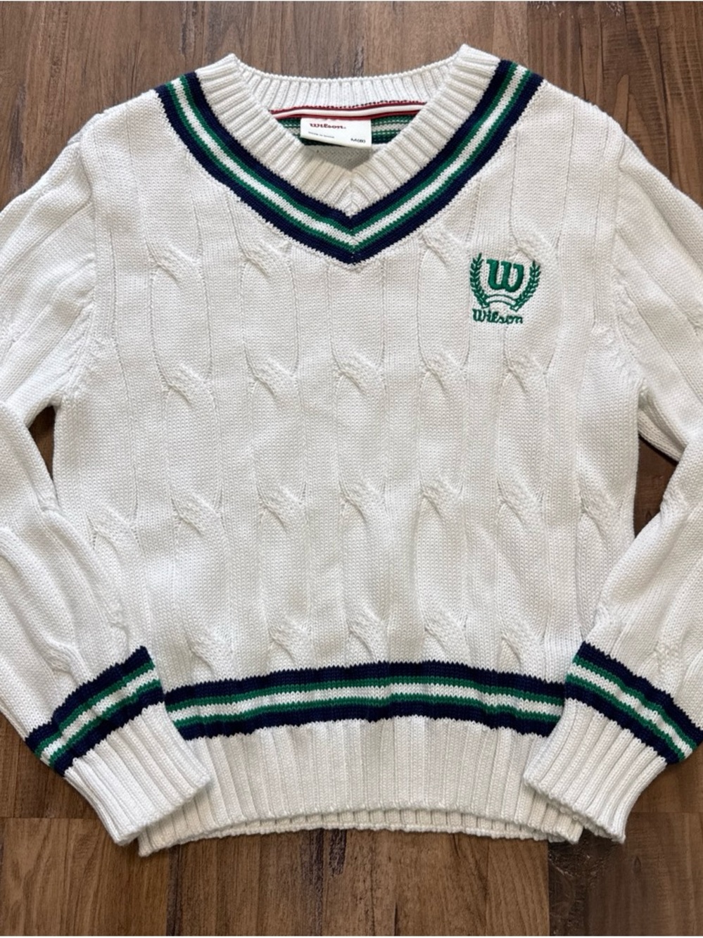 Wilson Boys White Cable Knit V‑Neck Sweater with Green & Navy Trim